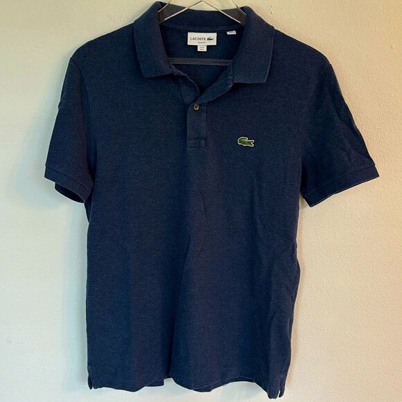 Lacoste Polo Navy Shirt Short Sleeve Knit Crocodile Logo Size L Slim Fit - Picture 1 of 8